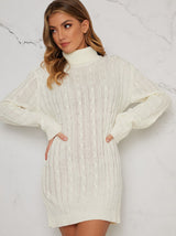 Roll Neck Cable Knit Long Sleeved Mini Dress in Cream