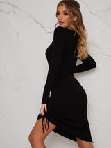 Ruched Side Long Sleeved Jumper Dress in Black