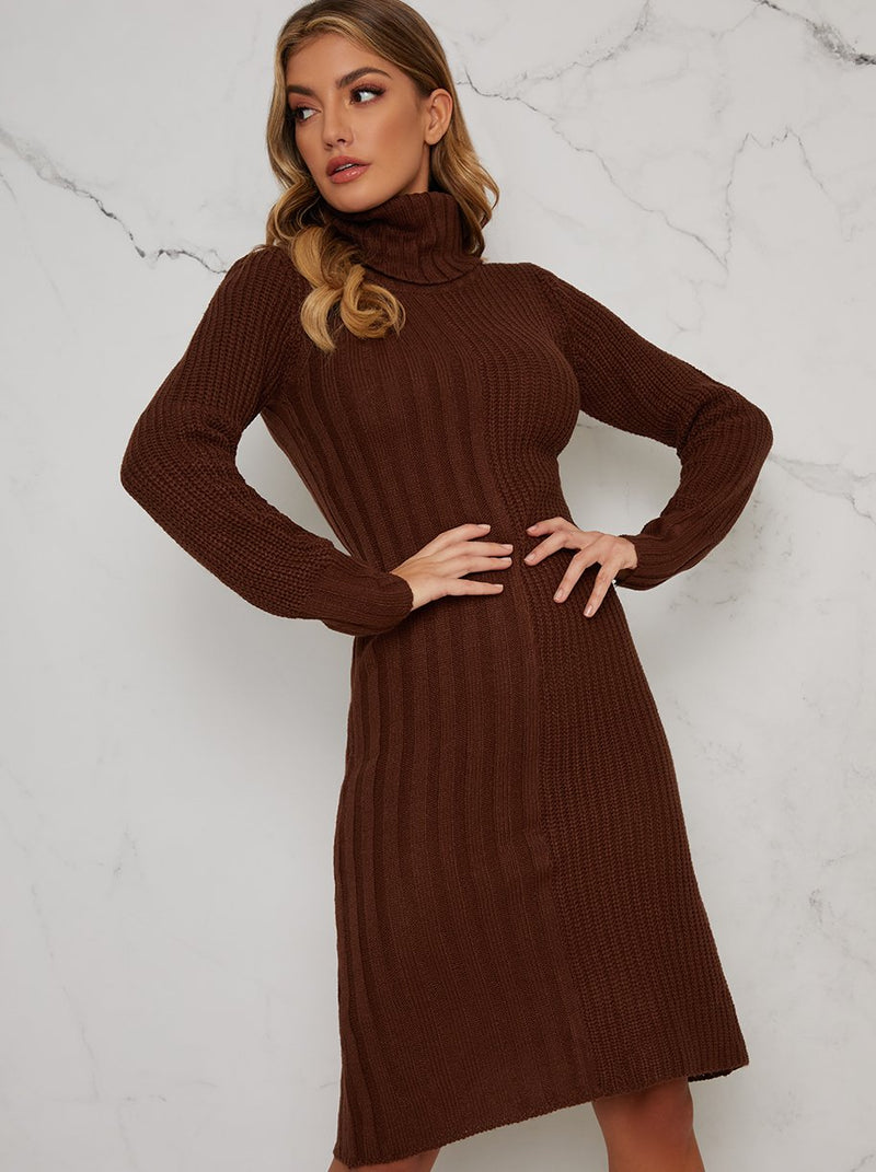 Knitted Rib Roll Neck Midi Jumper Dress in Brown