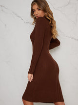 Knitted Rib Roll Neck Midi Jumper Dress in Brown
