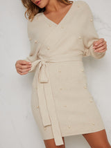 Knitted Wrap Style Pearl Jumper Dress in Cream
