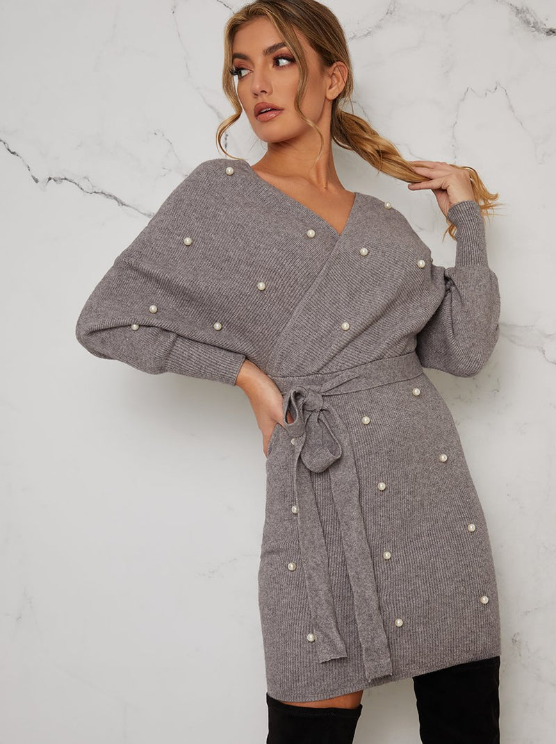 Knitted Wrap Style Pearl Jumper Dress in Grey
