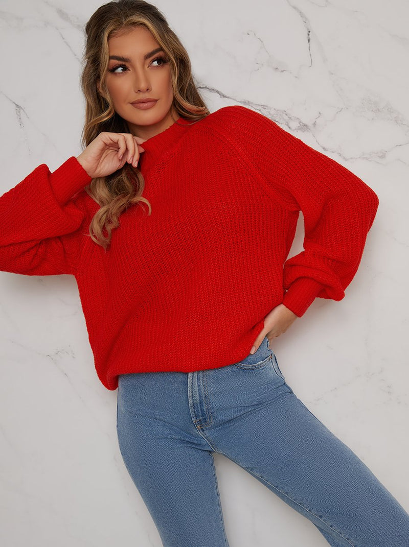 Crew Neck Long Sleeved Rib Knit Jumper in Red