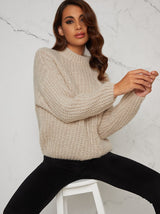 Cable Knit Jumper with High Neckline in Beige