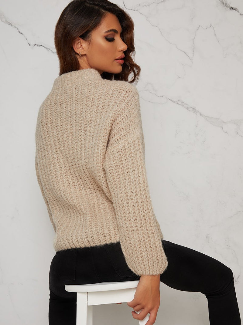 Cable Knit Jumper with High Neckline in Beige