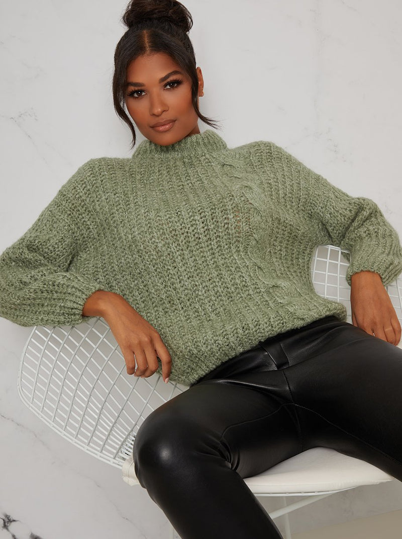 High Neck Cable Design Knitted Jumper in Green