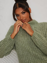 High Neck Cable Design Knitted Jumper in Green