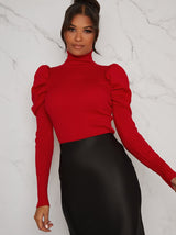 Turtle Neck Ruched Sleeve Jumper in Red