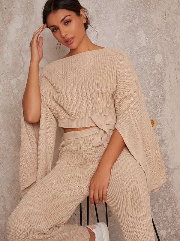 2 Piece Knitted Wide Leg Rib Lounge Set in Cream