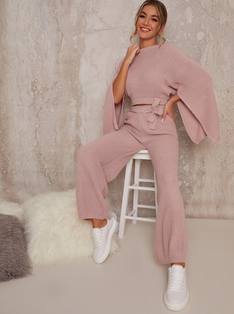Drape Sleeve Knitted Lounge Set in Pink