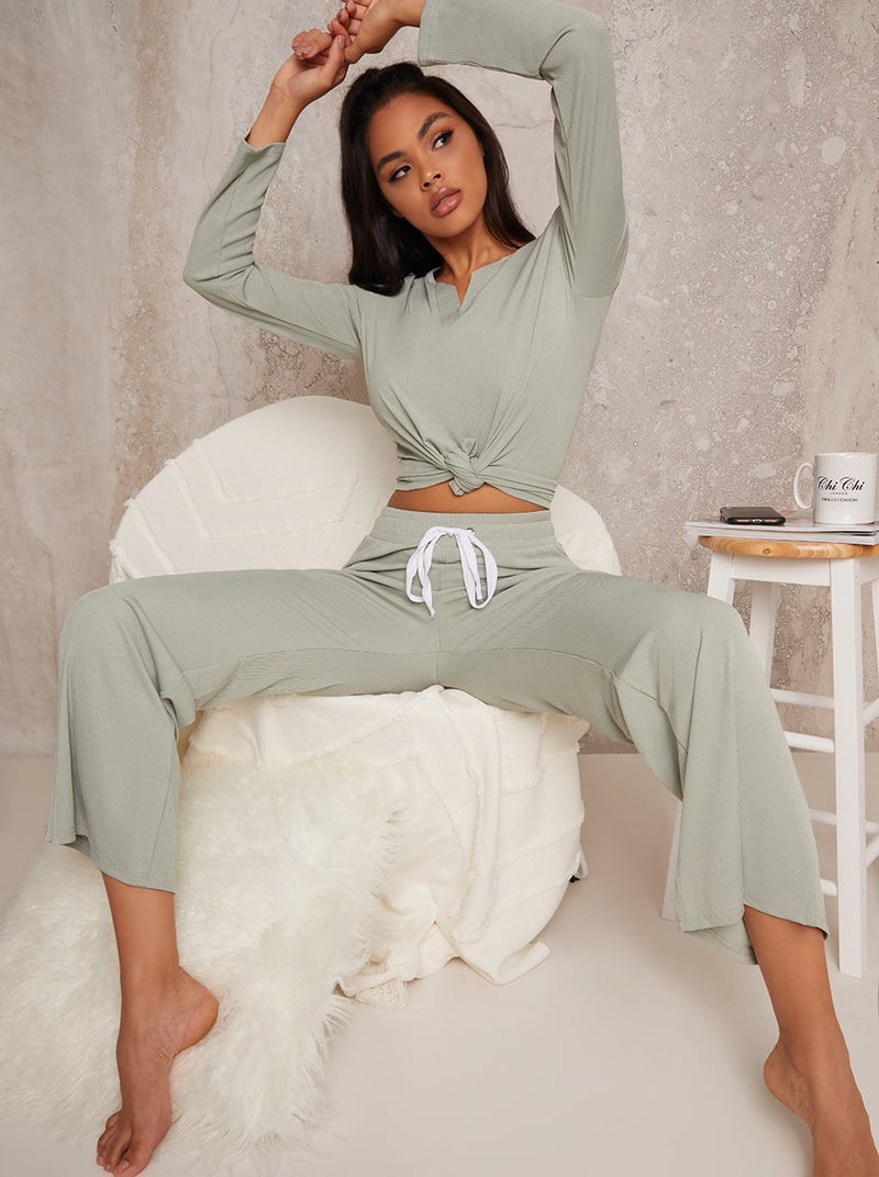 Tie Waisted Wide Leg Lounge Set in Green