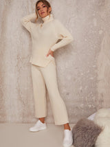 Polo Neck Ribbed Wide Leg Lounge Set in Cream