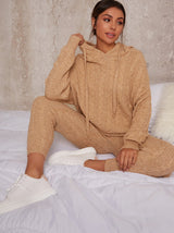 Hoodie Knitted Ribbed Lounge Set in Beige