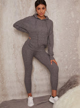 Hoodie Knitted Lounge Set Slim Fit in Grey