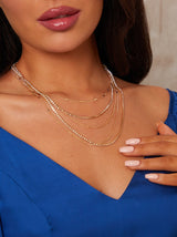 Multi Chain Diamante Detail Necklace in Rose Gold Tone