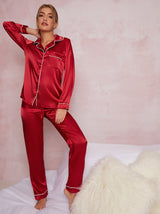 Satin Finish Piped Pyjama Set In Red