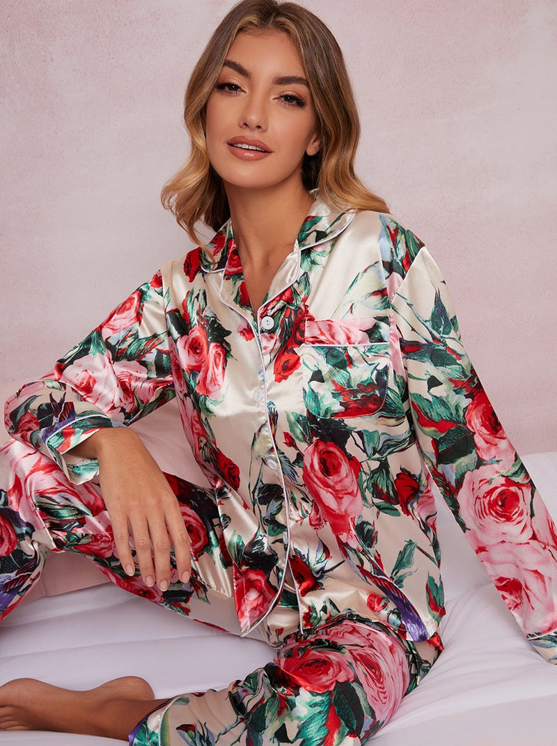 Floral Long Sleeve Silky Pyjama Set in Multi