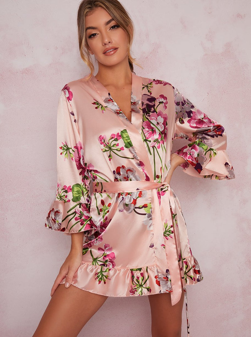 Satin Floral Ruffle Rob in Pink