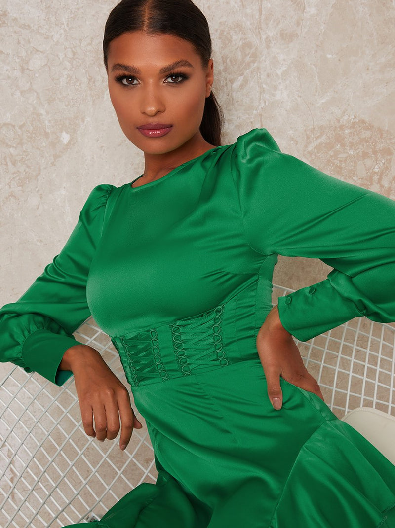 Long Sleeved Dip Hem Ruffle Dress in Green