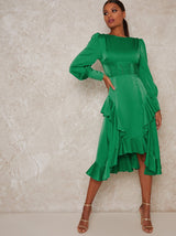 Long Sleeved Dip Hem Ruffle Dress in Green