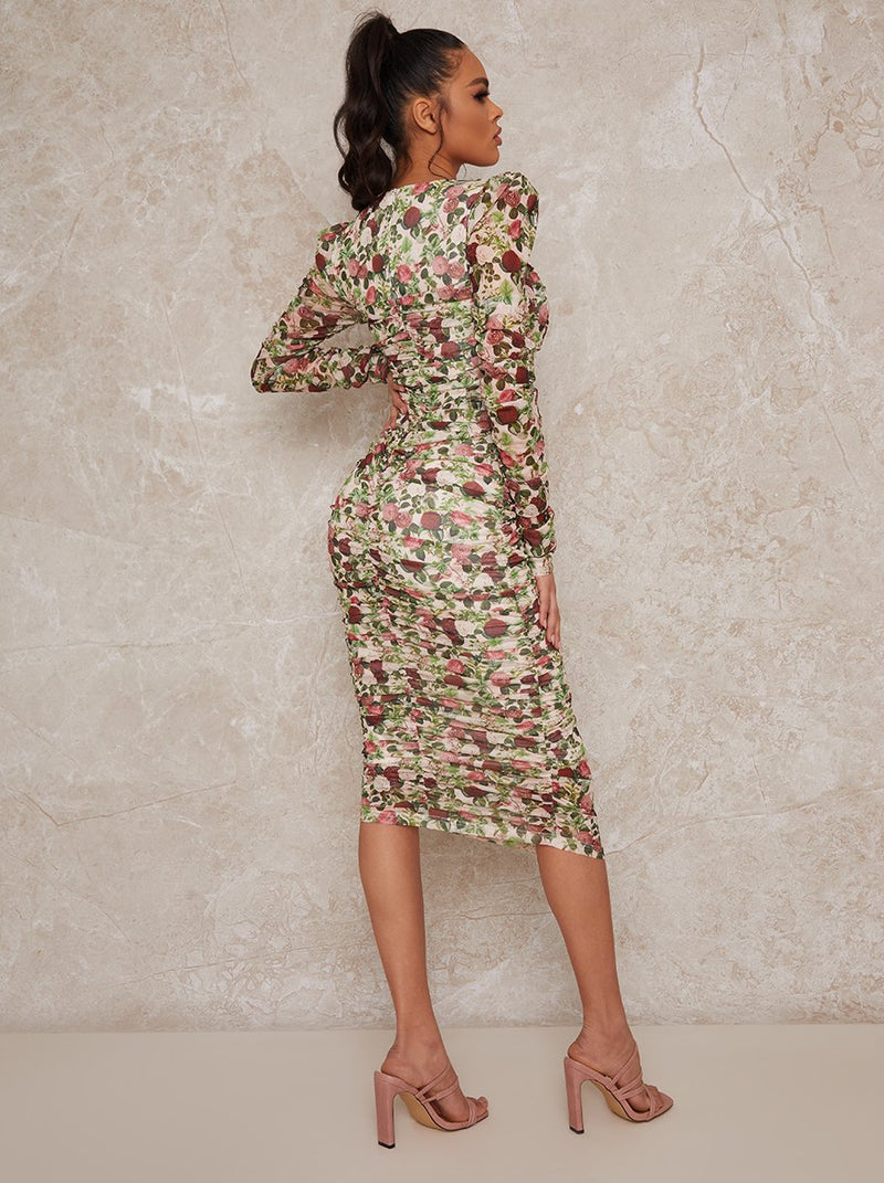 Long Sleeved Floral Ruched Midi Dress in Multi