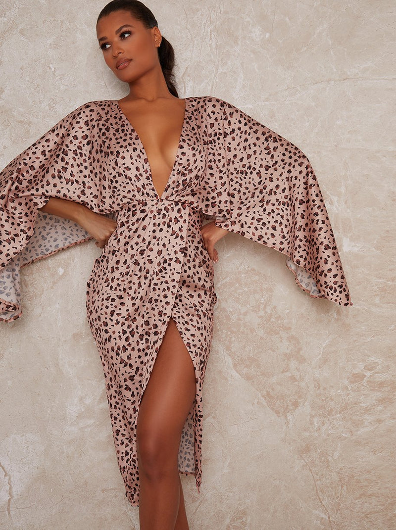 Leopard Print Wrap Style Cape Sleeve Dress in Neutral