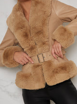 Faux Fur Cropped Belted Jacket In Brown