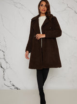 Faux Fur Teddy Double Breasted Coat in Brown