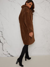 Faux Fur Teddy Coat with Notch Lapels in Brown