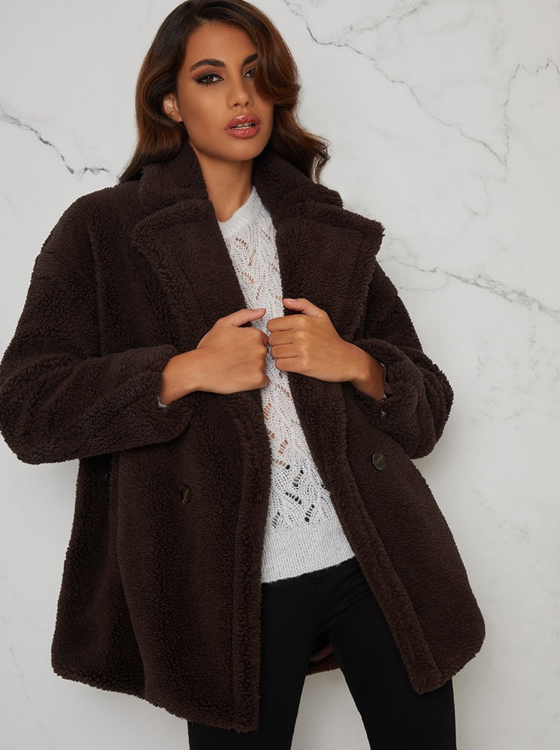 Faux Fur Teddy Coat Regular Fit in Brown