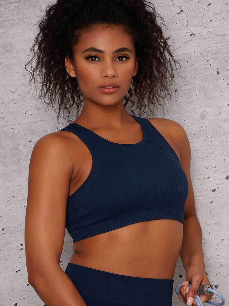 Ribbed Cropped Sports Bra in Navy