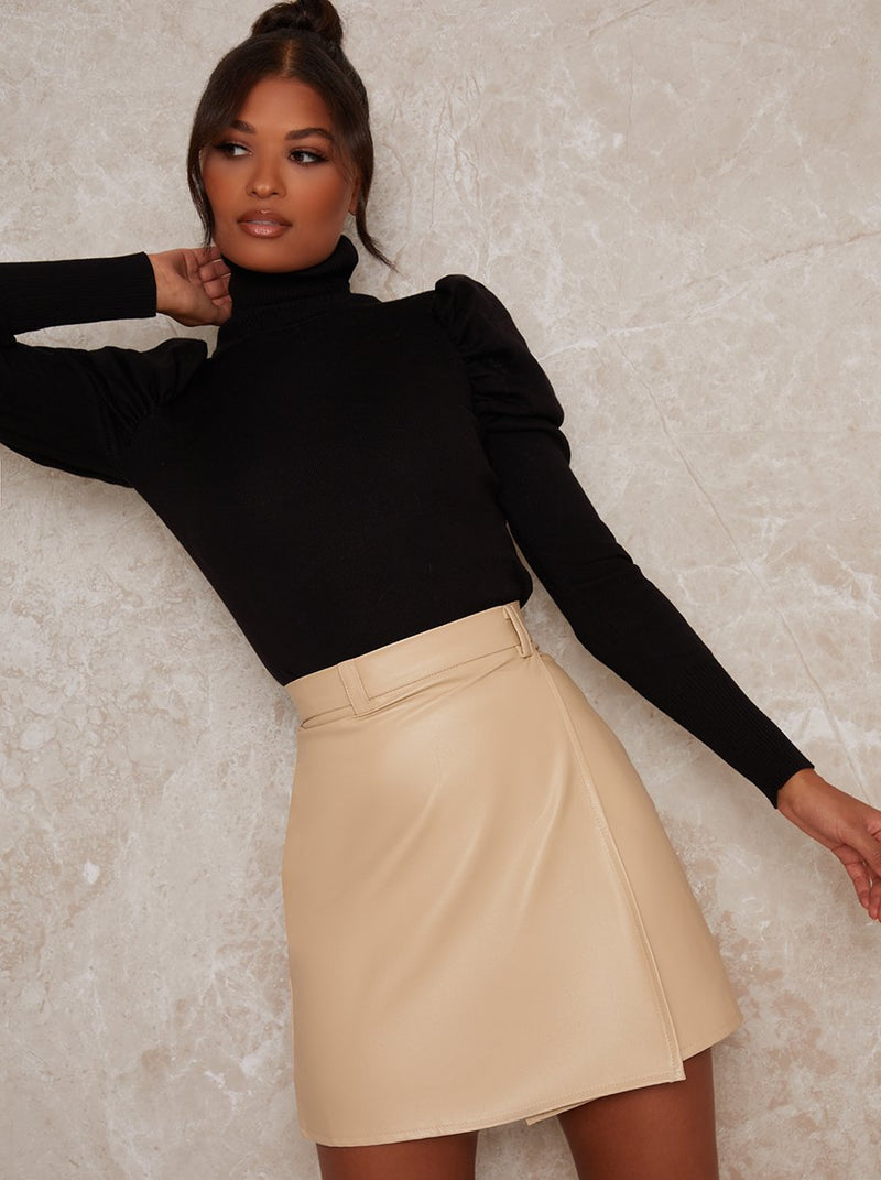 Aysymmetric Leather Look Mini Skirt in Cream