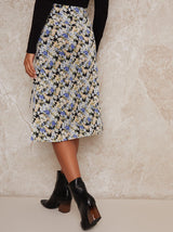 Ruched Split Floral Midi Skirt in Blue