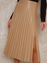 Leather Pleated Skirt with Side Split in Beige