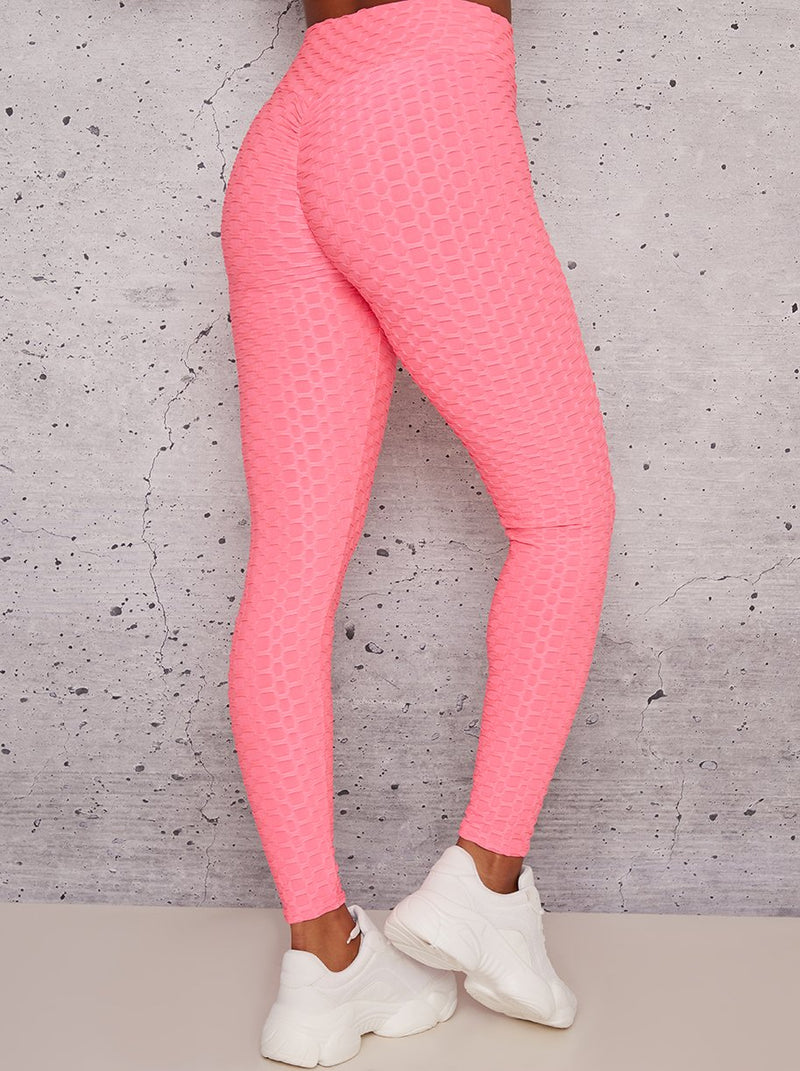 Mid Rise Waffle Effect Sports Leggings in Pink