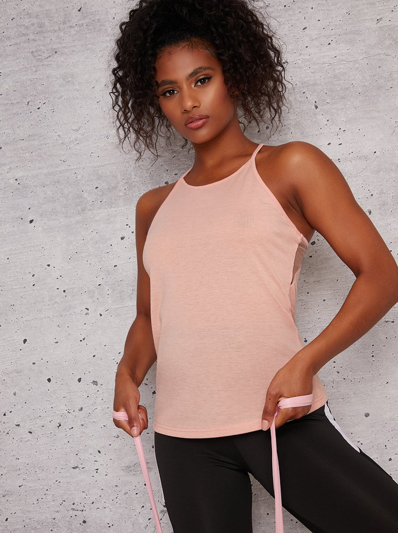 Mesh Panel Cami Strap Sports Top in Pink