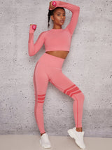 Long Sleeved Cropped Sports Top with Eyelet Design in Pink