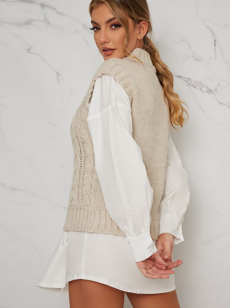 Cable Knit Roll Neck Tank Top in Cream