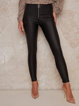 Mid Rise Leather Look Zip Skinny Fit Trousers in Black