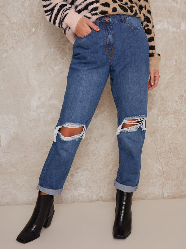 Ripped High Rise Mom Jeans in Blue