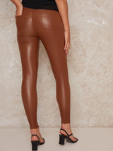 Mid Rise Leather Look Skinny Trousers in Tan