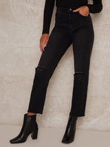 Mid Rise Slim Fit Ripped Washed Look Jeans in Black