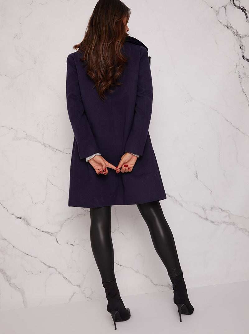 Structured Double Breasted Coat with Fur Collar in Navy