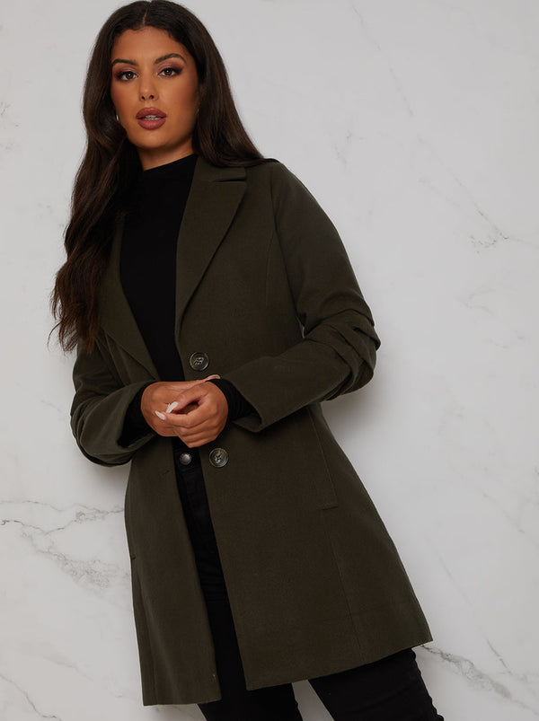 Ruched Sleeve Button Up Coat in Khaki