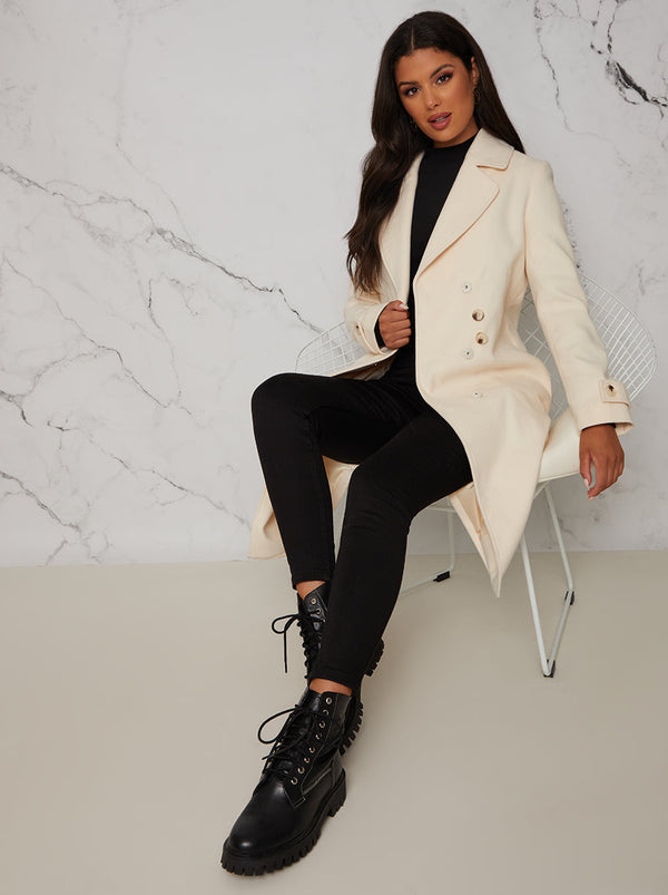 Button Up Waist Panel Coat in Cream with Fur collar