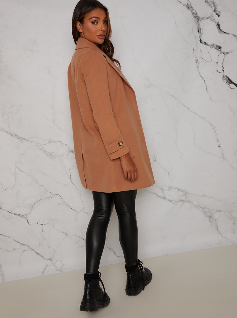 Structured Coat with Button Up Waist Panel in Tan