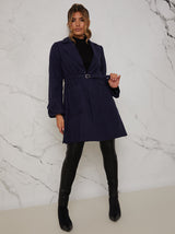 Structured Coat with Bow Sleeves and Belt in Navy
