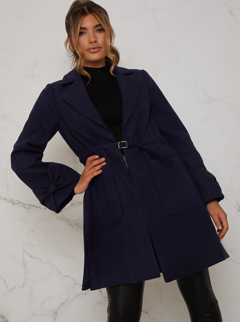 Structured Coat with Bow Sleeves and Belt in Navy