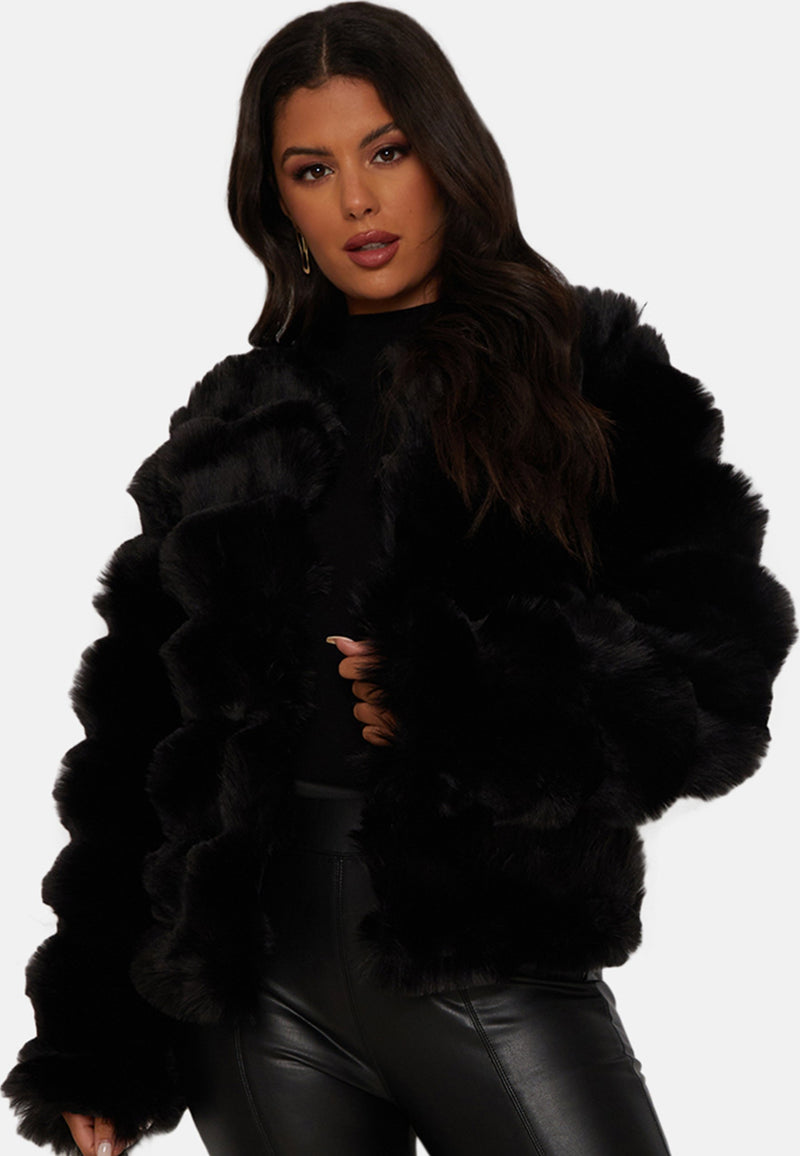 Textured Faux Fur Coat in Black