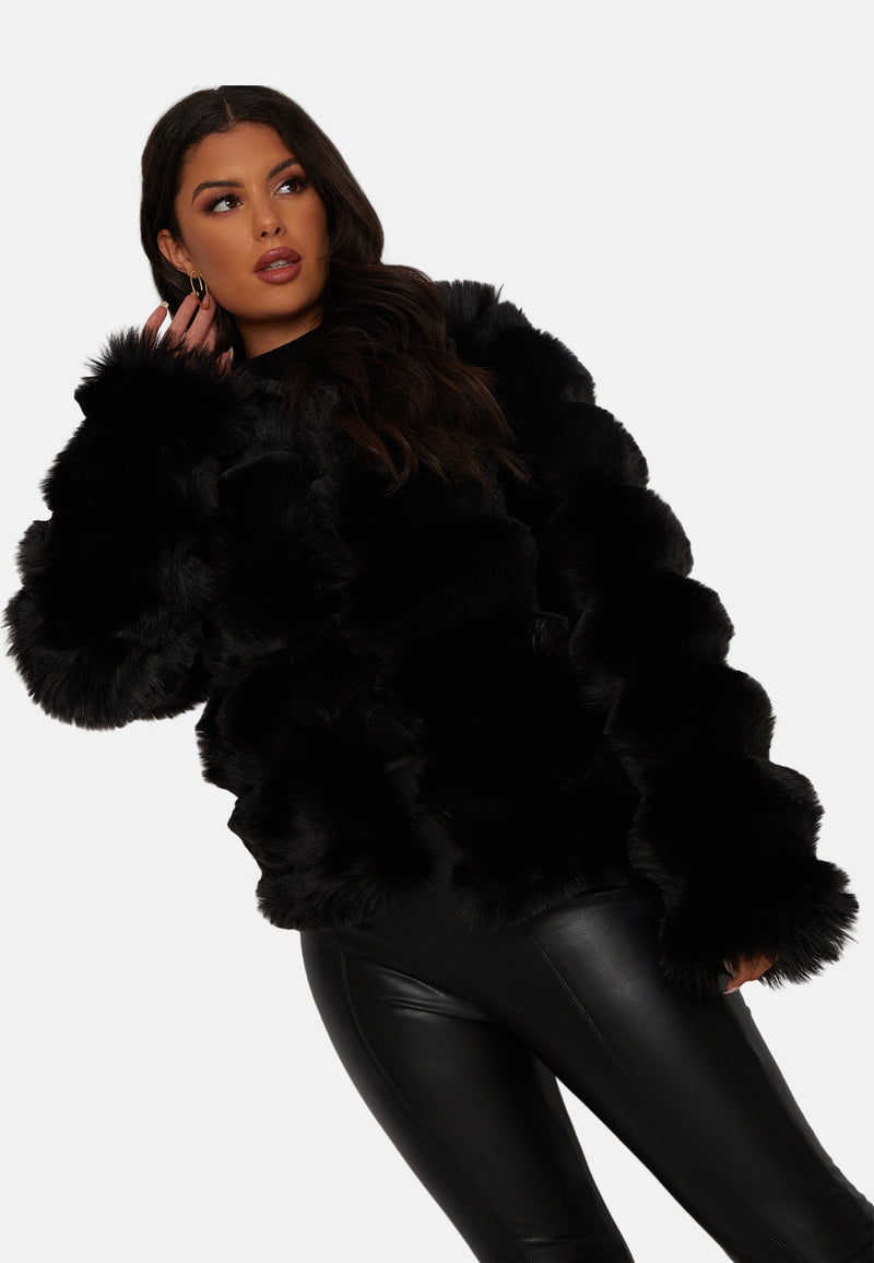 Textured Faux Fur Coat in Black